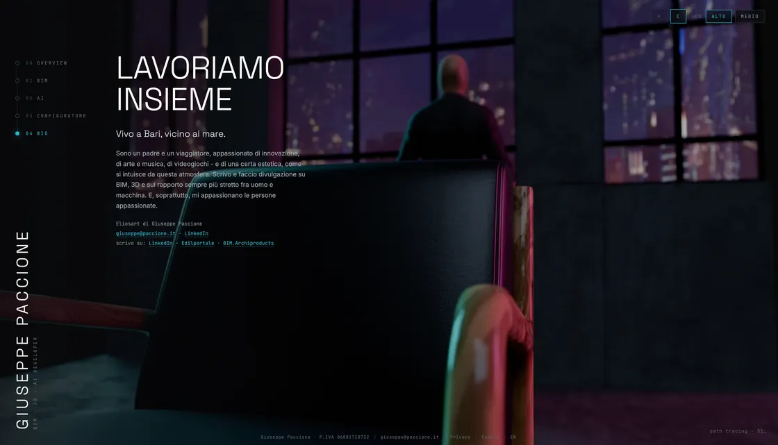 A realtime Three.js interior portfolio-configurator with material controls, lighting choices, LOD selection, and progressive path tracing preview.