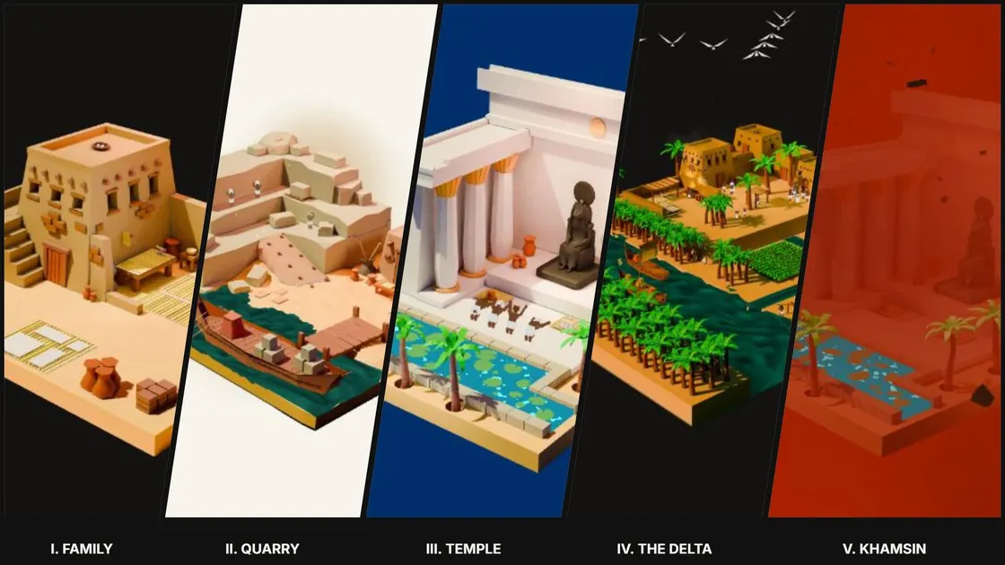 A five-panel collage of stylized 3D Ancient Egyptian environments labeled Family, Quarry, Temple, The Delta, and Khamsin.