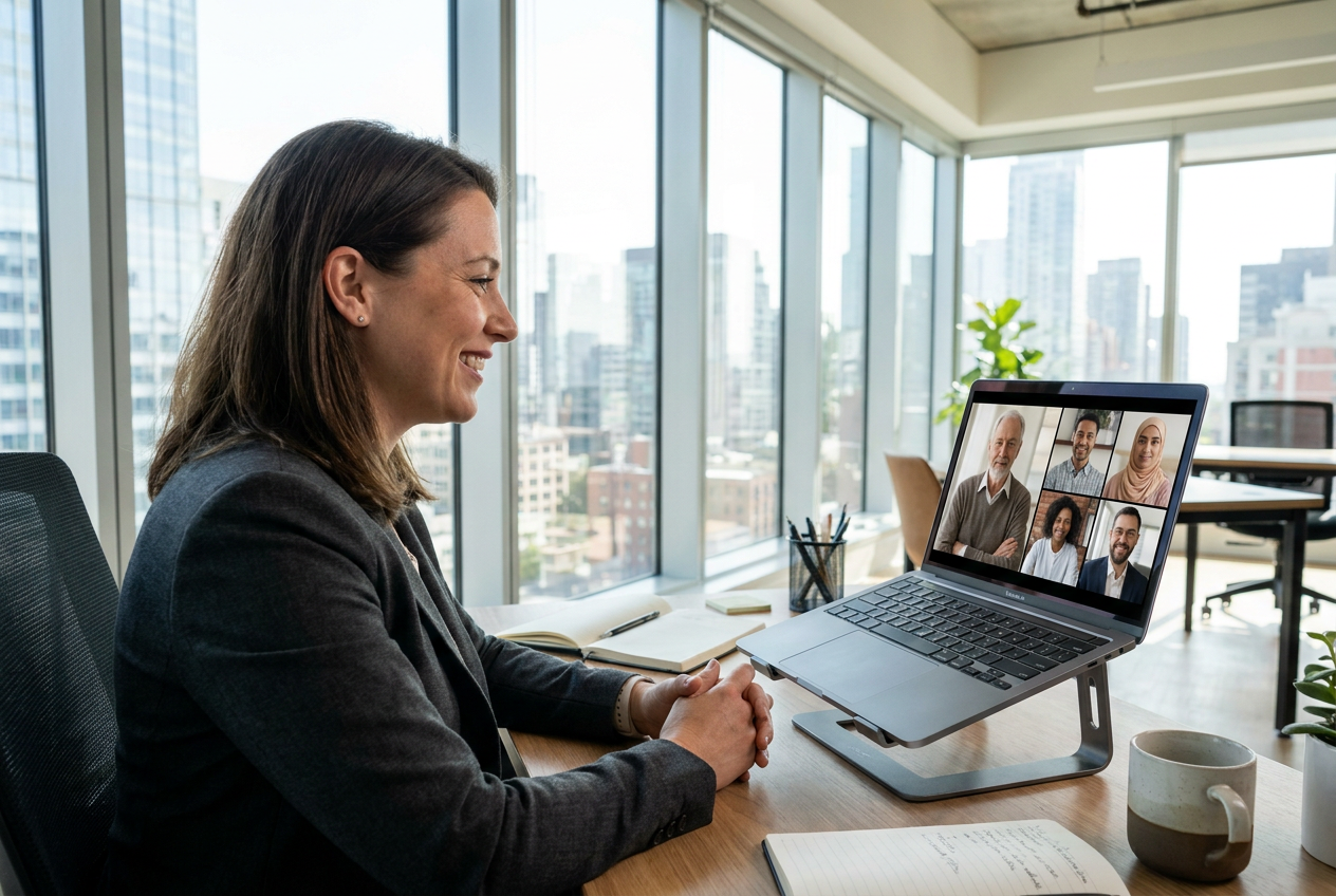 A smiling woman in a grey blazer sits in a bright high-rise office during a video meeting, her laptop screen showing five colleagues in video windows.