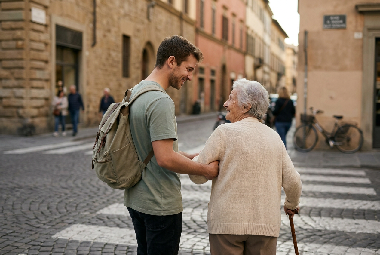 Seen from behind, a young man with a canvas backpack gently supports an elderly woman with a cane as they smile at each other while crossing a cobblestone street in an old town.