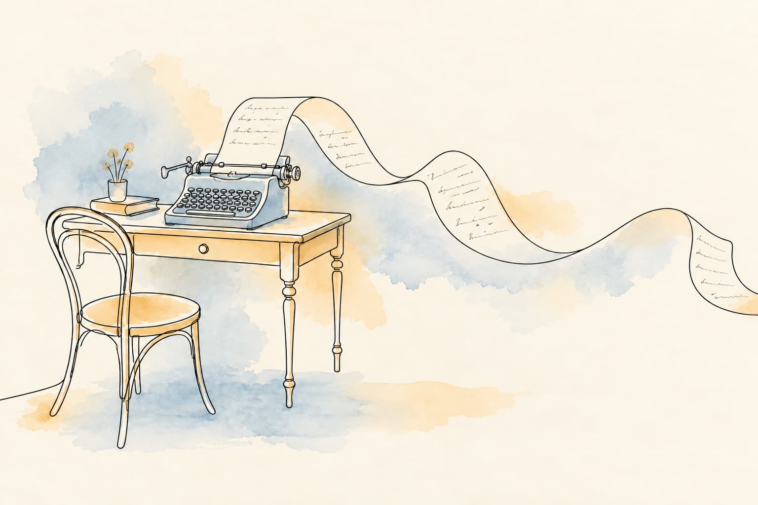 Line drawing of an old typewriter on a small desk beside an empty chair, with a long ribbon of paper covered in handwriting flowing out of the typewriter and across the page, on a soft blue and ochre watercolour background.