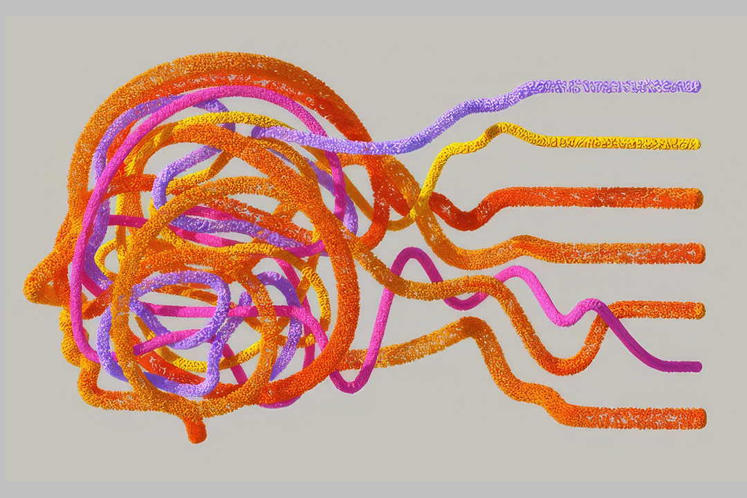 Abstract 3D rendering of orange, pink, and purple neural pathways branching outward against a light grey background.