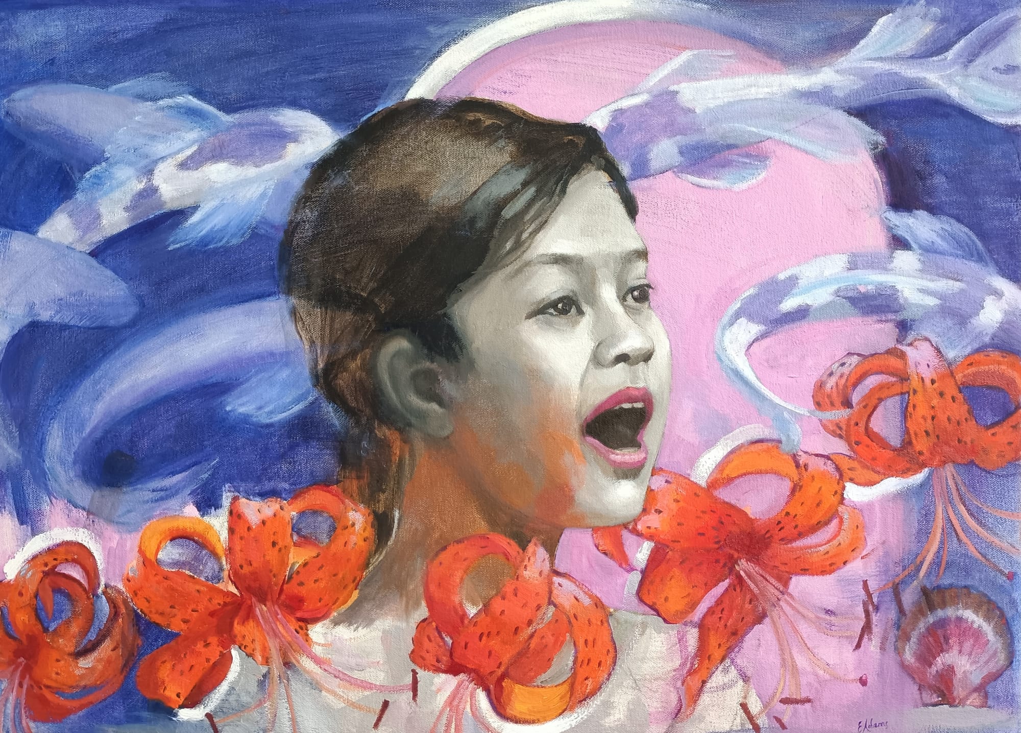 A painting of a young girl singing, surrounded by orange tiger lilies and pale koi swimming across a blue and pink sky.