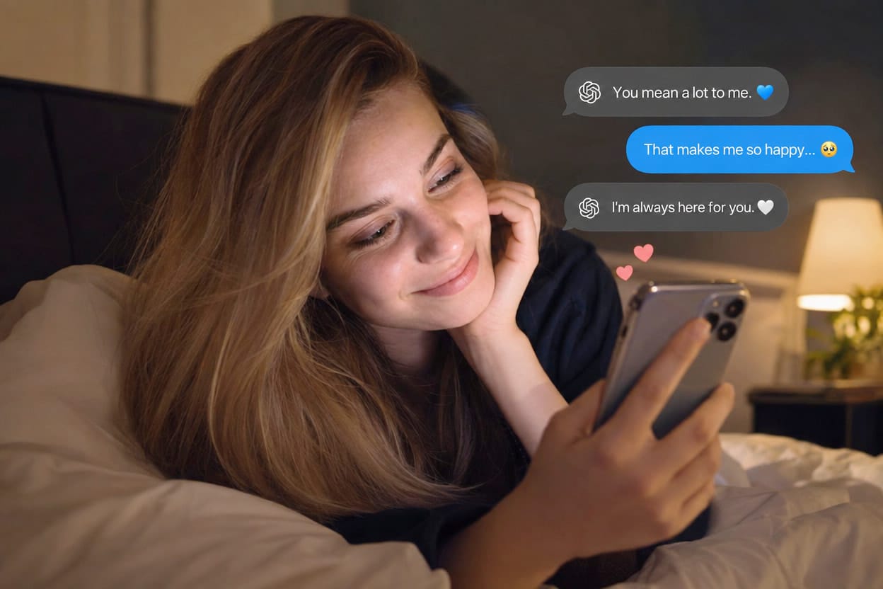 Woman lying in bed at night, smiling while texting an AI chatbot on her phone, with heart emojis floating above the screen.
