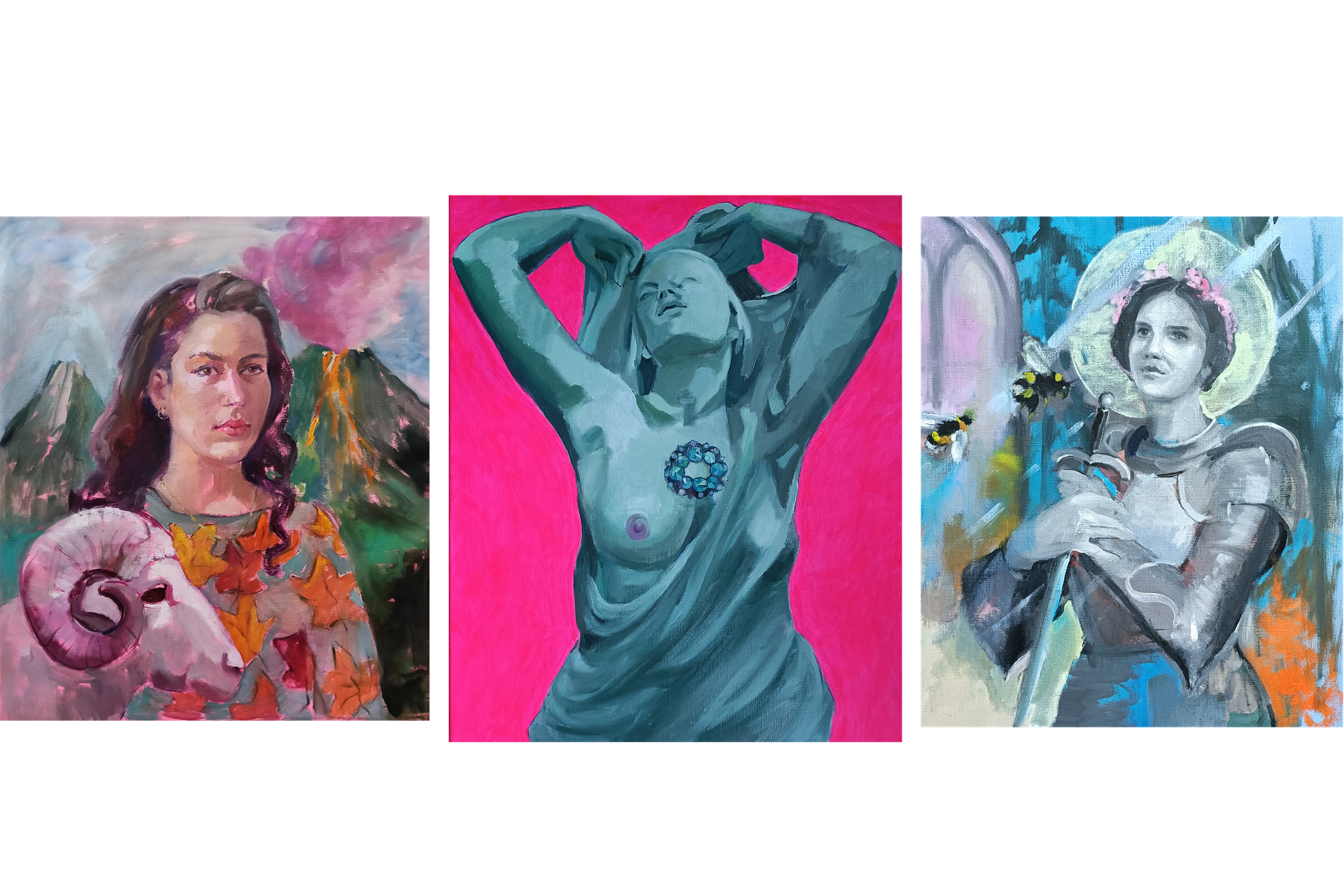 Three paintings side by side. Left: a dark-haired woman with a pink ram, in front of green mountains and a volcano erupting in pink smoke. Centre: a green-toned female figure with arms raised above her head and a jewelled brooch at her chest, against fluorescent pink. Right: a young woman in armour with a halo and a pink flower crown, holding a sword, with bumblebees against a blue background.