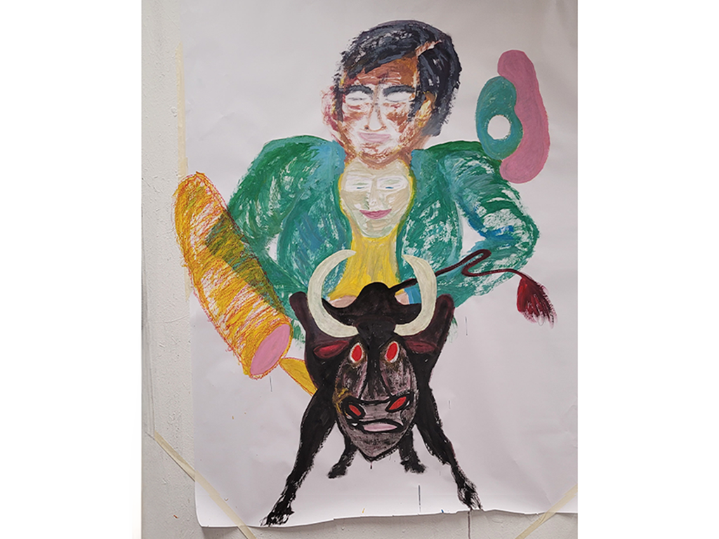 Large expressive painting of a figure in a green jacket with a second, paler face on the chest, riding a black bull with red eyes, surrounded by colourful shapes.