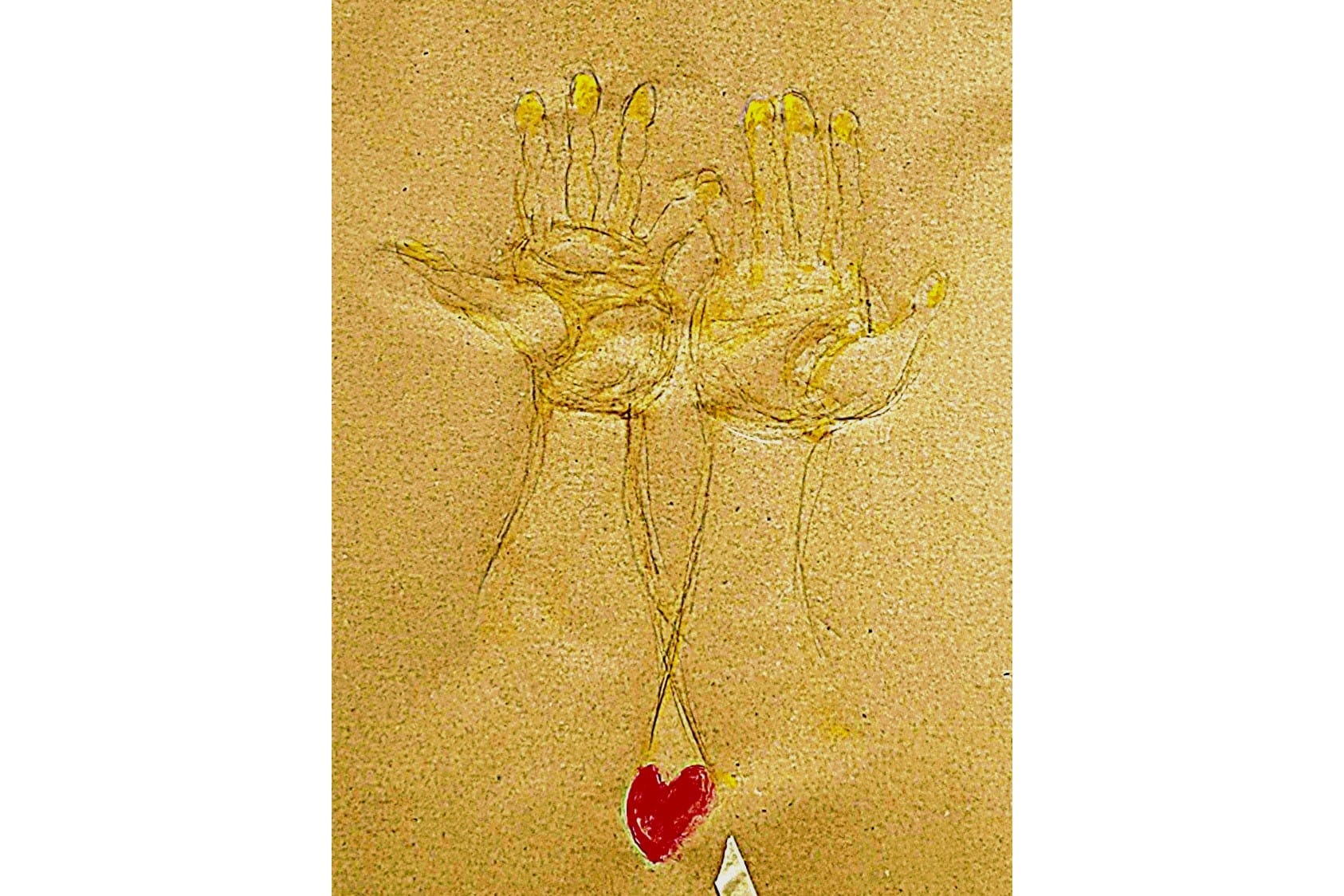 Line drawing of two open hands on golden paper, with threads hanging down to a small red heart.