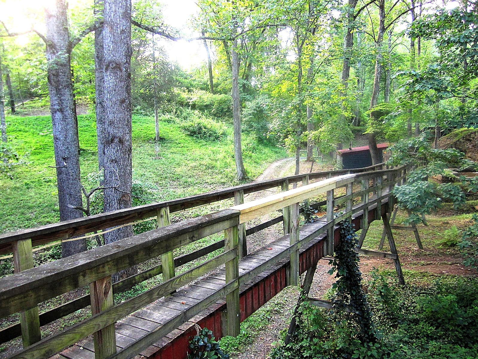 A weathered wooden footbridge with red-painted sides crossing a wooded hillside, surrounded by tall trees and green grass.