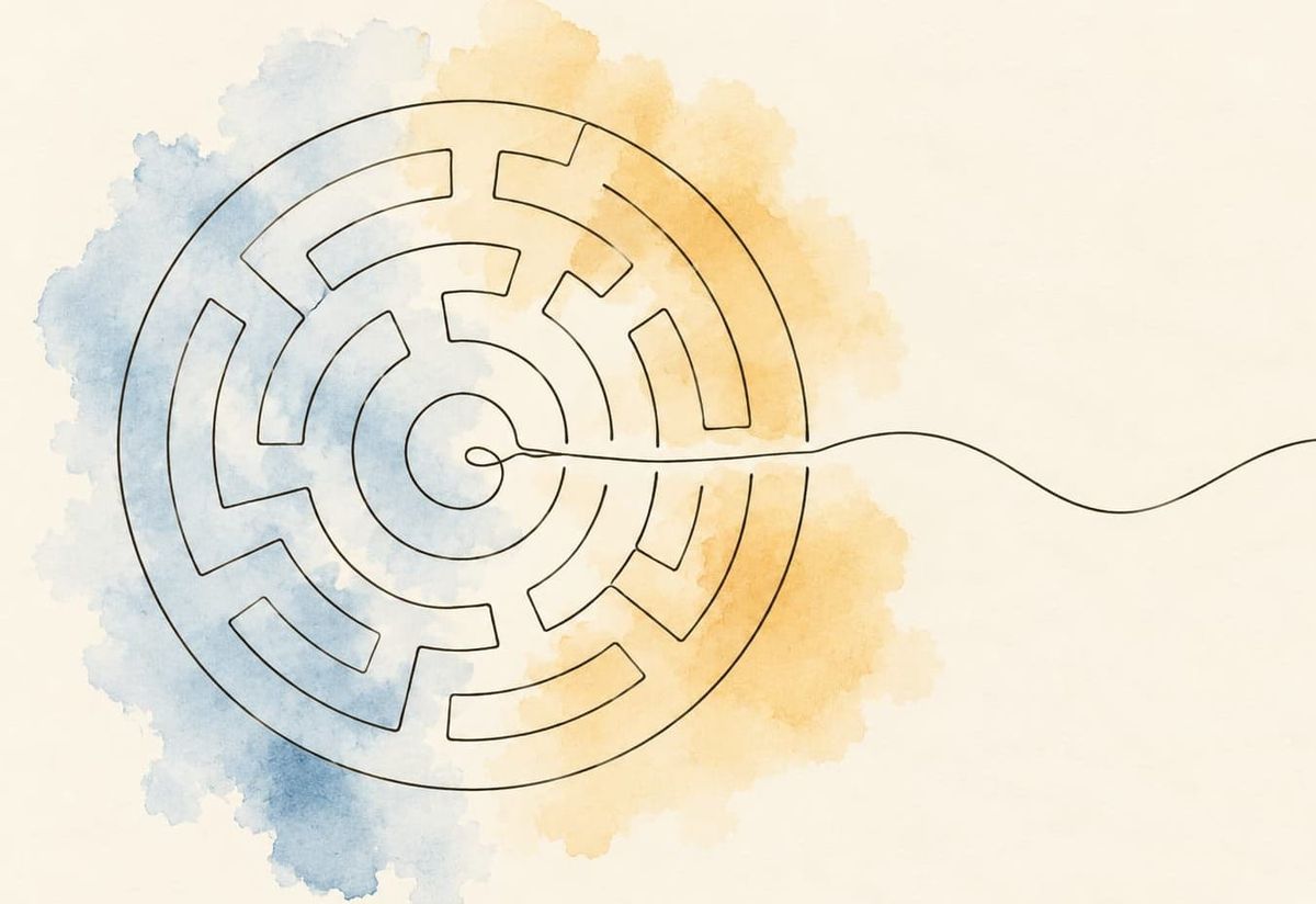 Line drawing of a circular maze on a watercolour background in blue and ochre. A single line starts at the centre and cuts straight out through every wall instead of following the paths, then