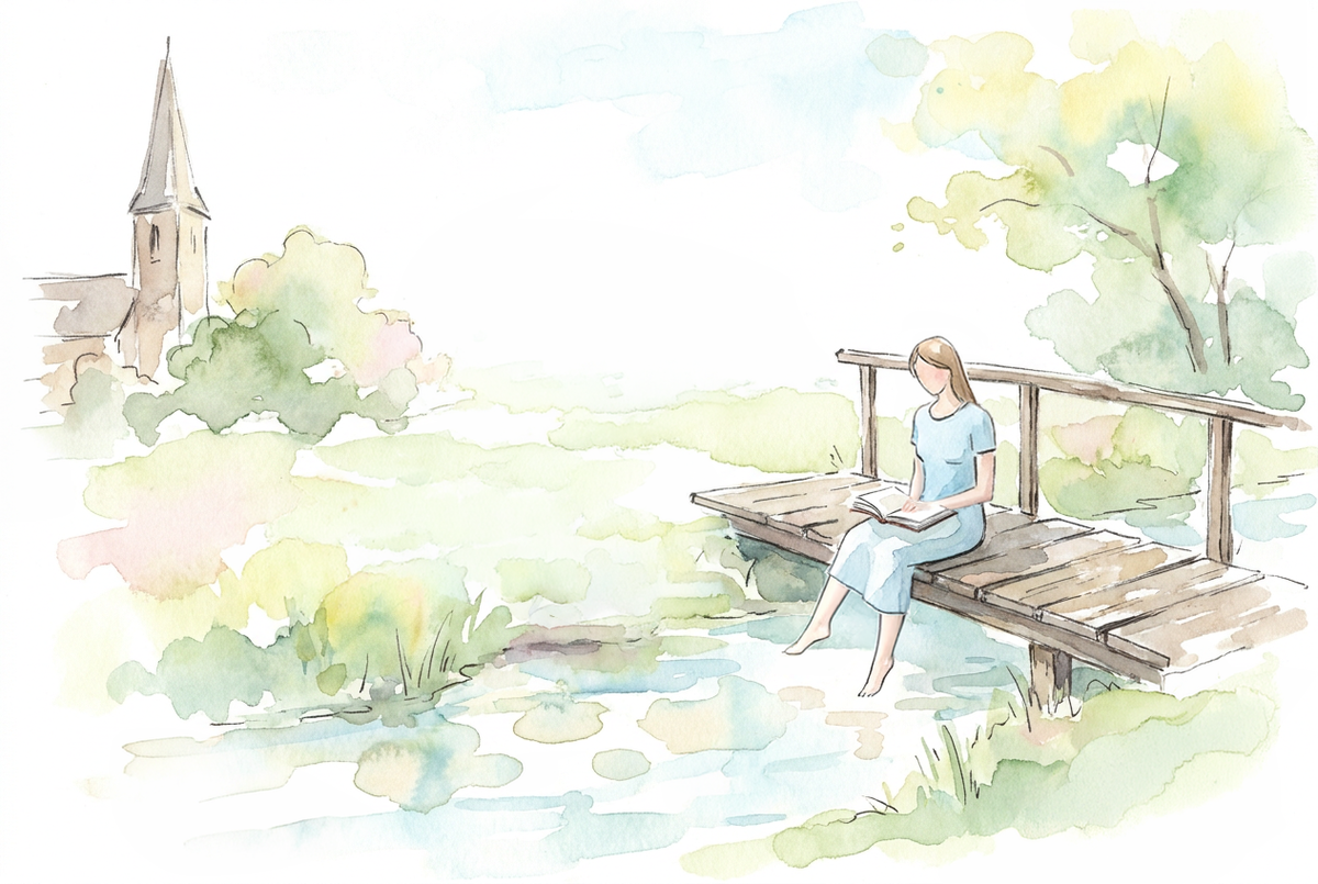 Watercolour illustration of a woman reading on a wooden footbridge above a stream, with a church steeple on one side and trees on the other