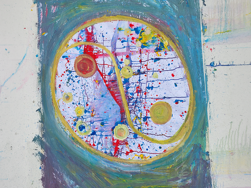 Abstract painting of a large circle outlined in yellow, divided by a curving line, with red and blue paint splashes and small yellow circles, on a blue-green background.