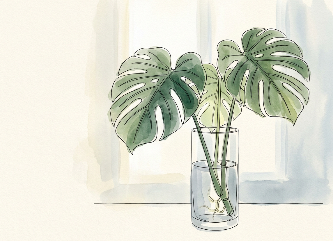 Watercolour line drawing of a Monstera plant in a terracotta-washed pot, with soft leaf shadows falling across a cream background.