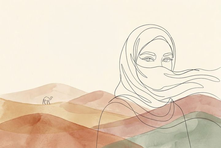 Minimalist one-line illustration of a woman whose face is veiled by a windblown scarf, only her eyes visible, set against soft watercolour desert dunes with a small camel in the distance.