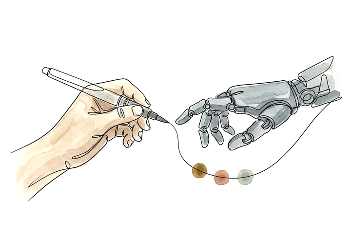 Line illustration of a human hand holding a pen and a robotic hand reaching toward it, with three small unblended dots of ochre, terracotta and sage paint along the curved line between them.