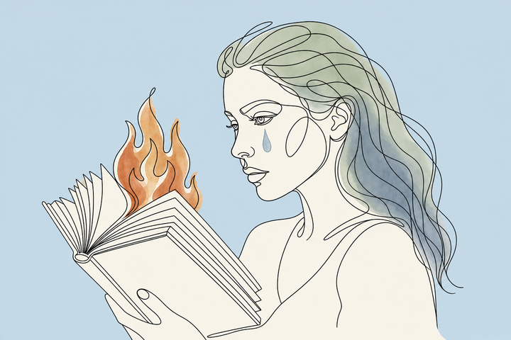Line illustration of a woman with a tear on her cheek, looking at an open book with a small flame rising from its pages.