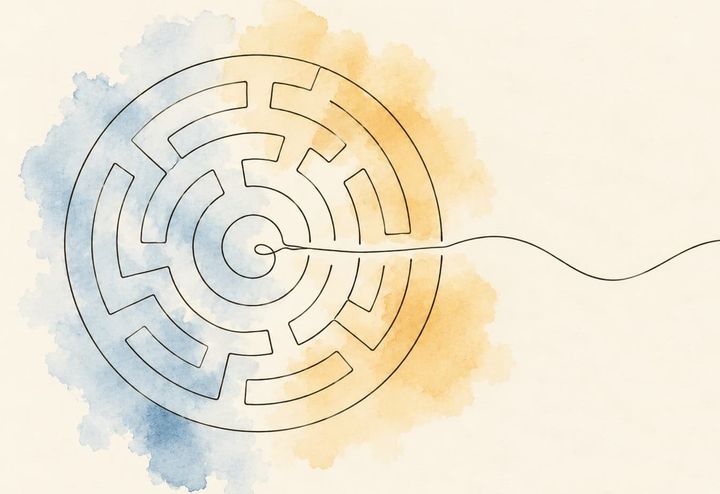 Line drawing of a circular maze on a watercolour background in blue and ochre. A single line starts at the centre and cuts straight out through every wall instead of following the paths, then