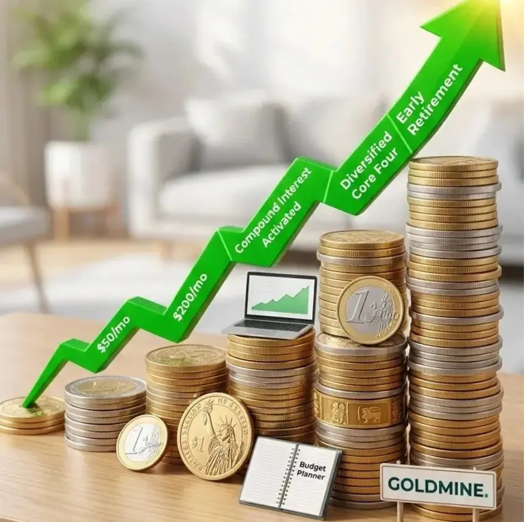A financial growth concept image with a rising green arrow pointing up over stacks of gold coins, featuring the text Build Wealth Start Your Goldmine Today.