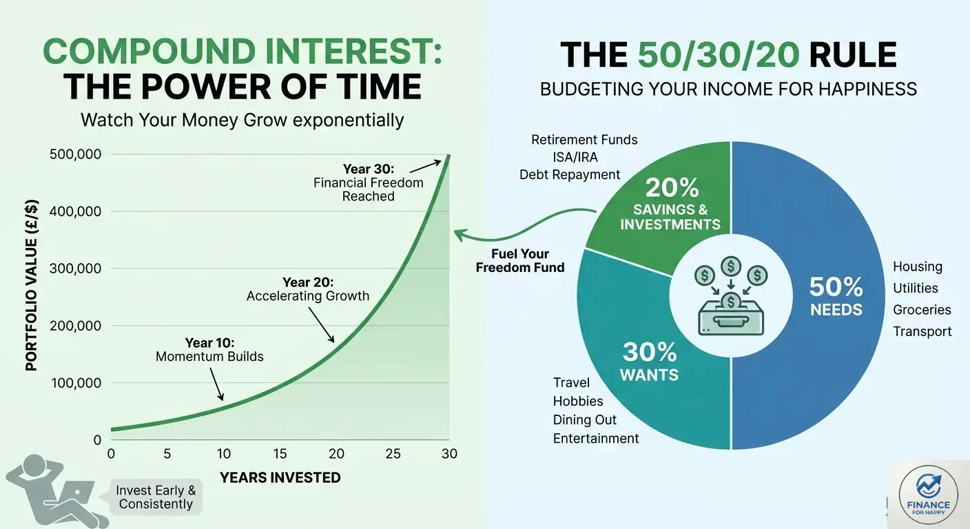 Infographic showing Compound Interest growth over 30 years and the 50/30/20 budgeting rule for financial freedom