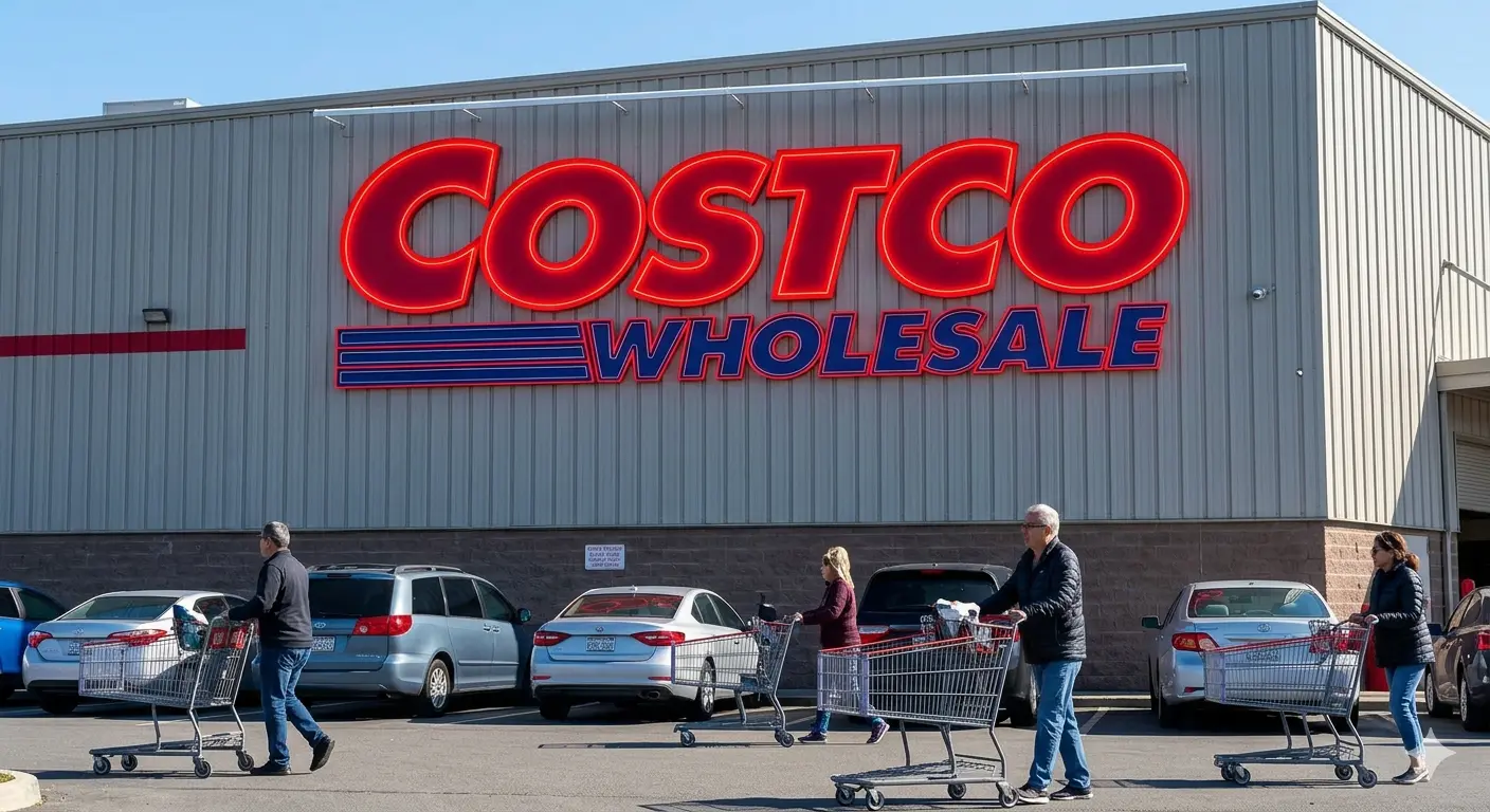 An illustrative exterior view of a massive Costco Warehouse at twilight. A bright red neon 'COSTCO WHOLESALE' sign glows strongly against the deep blue sky. Several shoppers are pushing full carts toward the entrance, bathed in a warm gold glow.