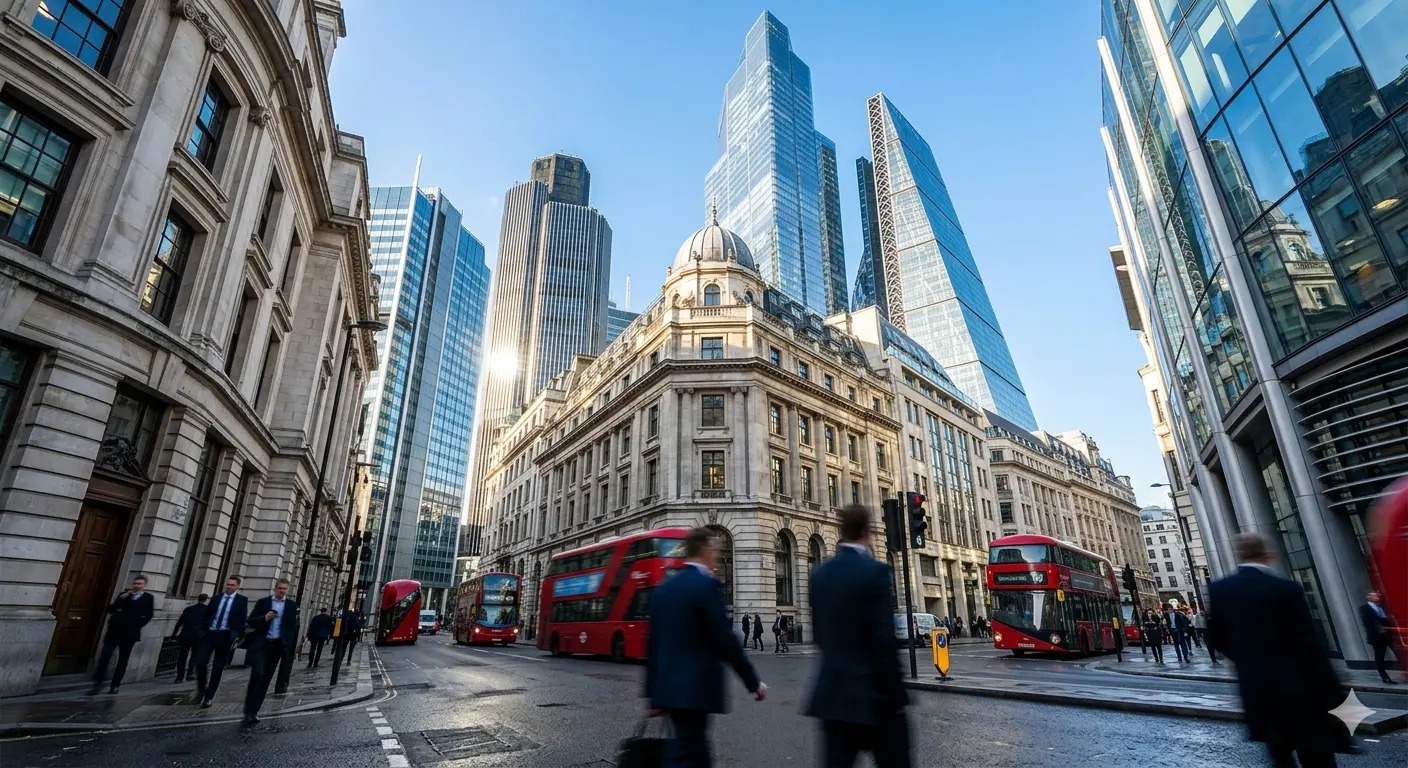 A diffused, early morning illustrative view looking down a narrow London street lined with historic, ornate stone bank facades. A classic black London taxicab is visible. The light is soft and the color palette is a mix of cool urban blues and grays with gold accents.
