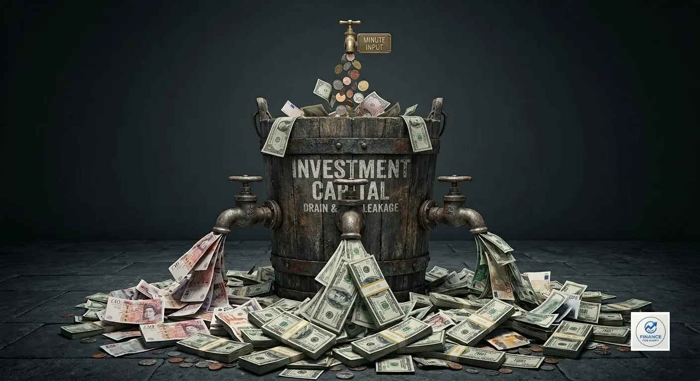 Conceptual finance illustration of a leaking bucket on a dark background, where fiat currency bills leak out from the bottom, representing the structural tax and housing drain of living in a hyper-inflated city.