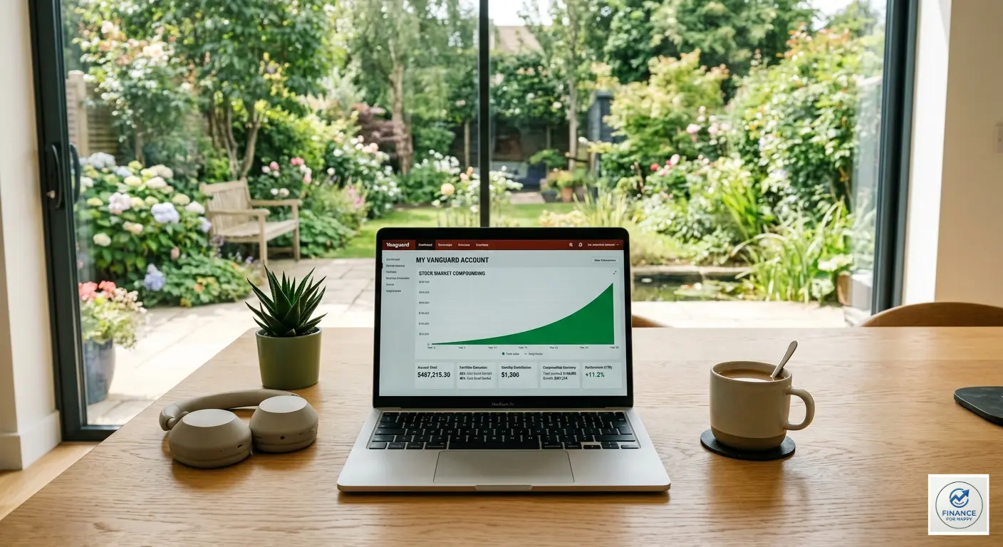 Clean workspace setting with a laptop displaying a compounding stock market growth chart and investment portfolio dashboard, looking out into a peaceful home garden, symbolizing financial freedom.