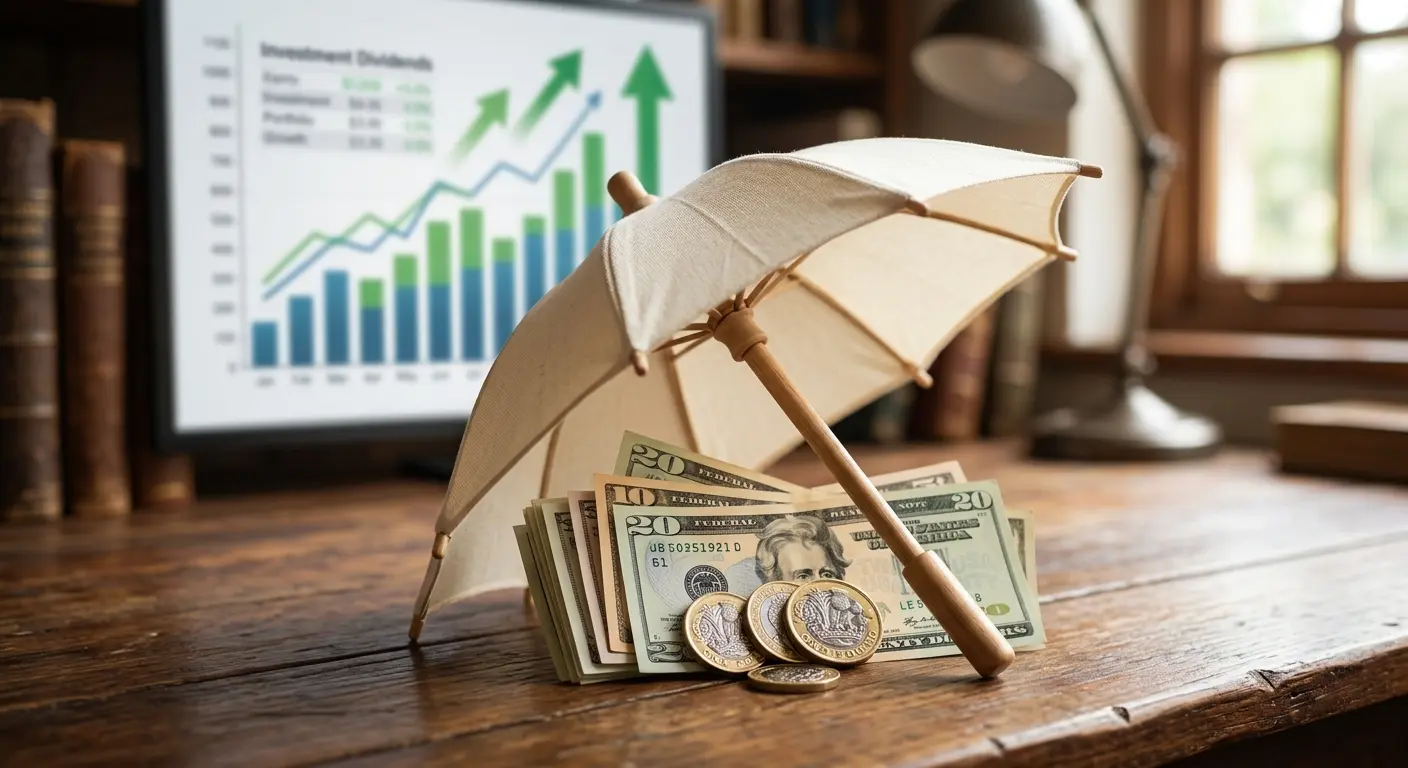 A small umbrella sheltering dollar bills and British pound coins on a desk with blurred upward financial charts in the background, representing tax-free investing in a Roth IRA and Stocks and Shares ISA.