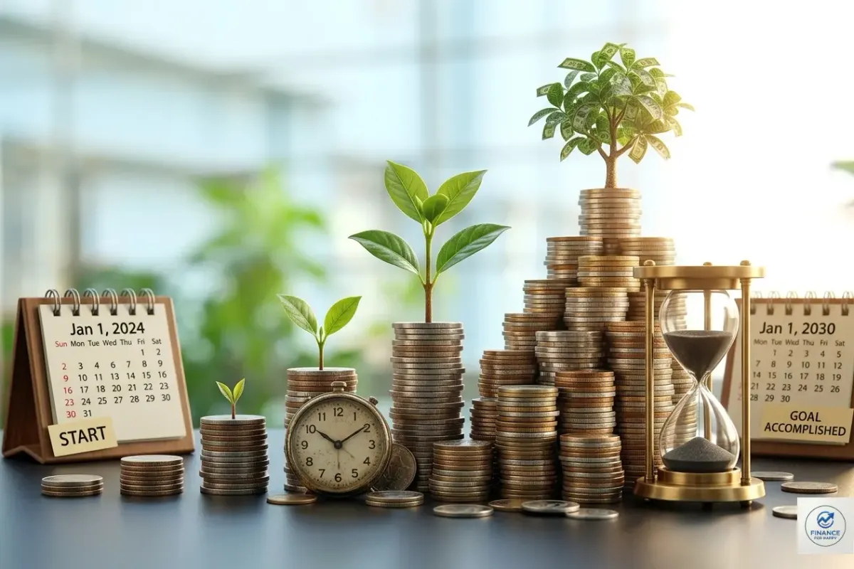 A horizontal timeline chart showing compound interest growth from 2024 to 2030 with growing coin stacks, a clock, an hourglass, and small green plants.