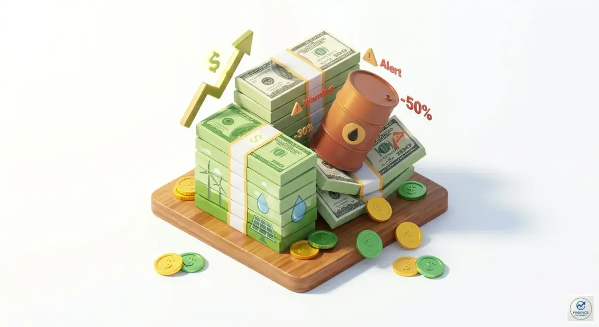 3D illustration of an oil barrel on top of US dollar bill stacks with warning signs, representing the petrodollar system collapse concept for a financial blog.