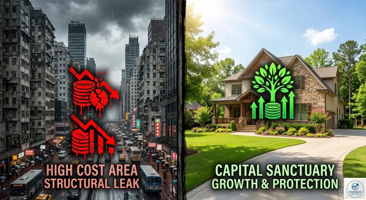 Minimalist split screen graphic comparing a dark, high-tax coastal city apartment with a sunny, capital-efficient suburban house, illustrating geographical arbitrage for cost of living 2026.