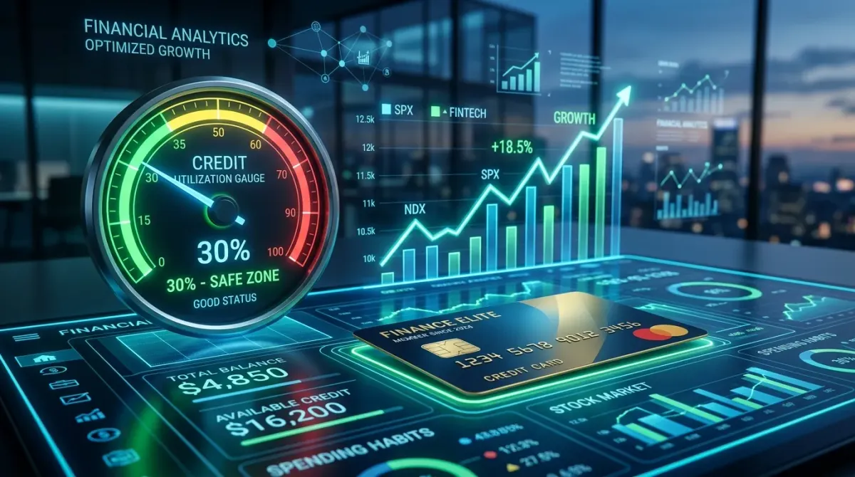 A credit card resting on a glowing digital financial dashboard with a credit utilization gauge pointing to 30% in the safe green zone.