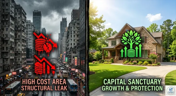 Minimalist split screen graphic comparing a dark, high-tax coastal city apartment with a sunny, capital-efficient suburban house, illustrating geographical arbitrage for cost of living 2026.