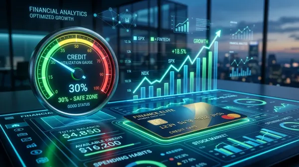 A credit card resting on a glowing digital financial dashboard with a credit utilization gauge pointing to 30% in the safe green zone.