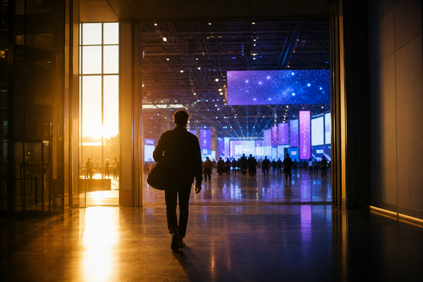 Photorealistic 16:9 editorial hero — lone founder silhouette entering a vast unbranded convention hall at golden hour, cool tech glow ahead. No logos.