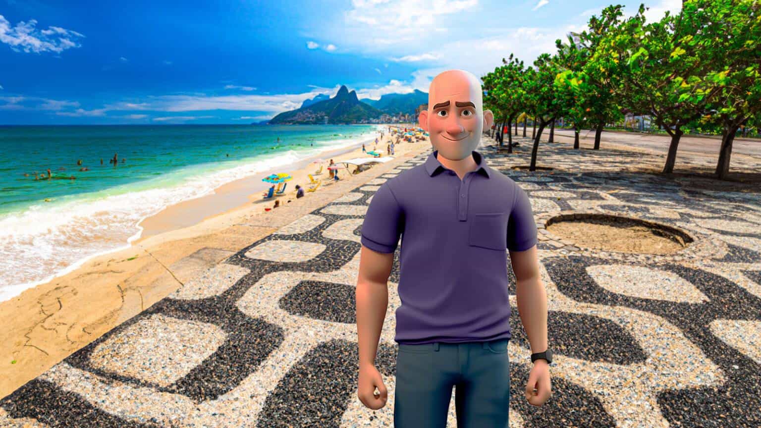 imagem de um personagem virtual com características físicas que lembram o palestrante Leandro Branquinho, careca. O personagem está em um calçadão na cidade do Rio de Janeiro com a praia ao fundo