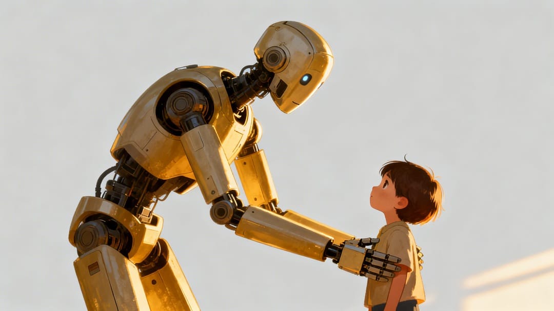 imagem de um robô de Azimov protegendo uma criança