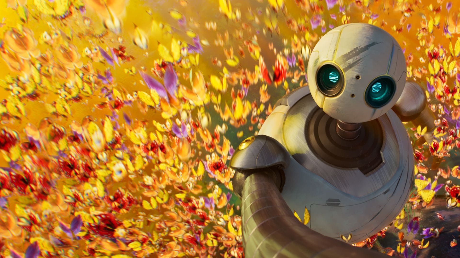 robô do filme Robô Selvagem em uma cena em que é surpreendido por muitas borboletas