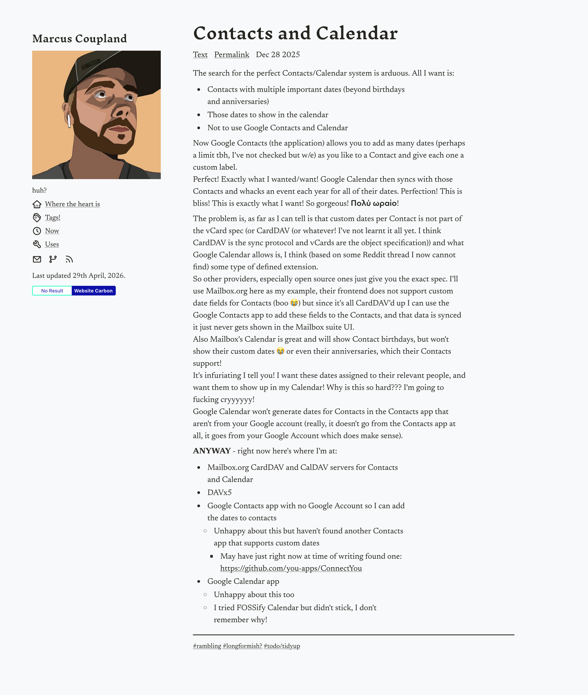 Screenshot of post "Contacts and Calendar" on the original version of the site it was posted on