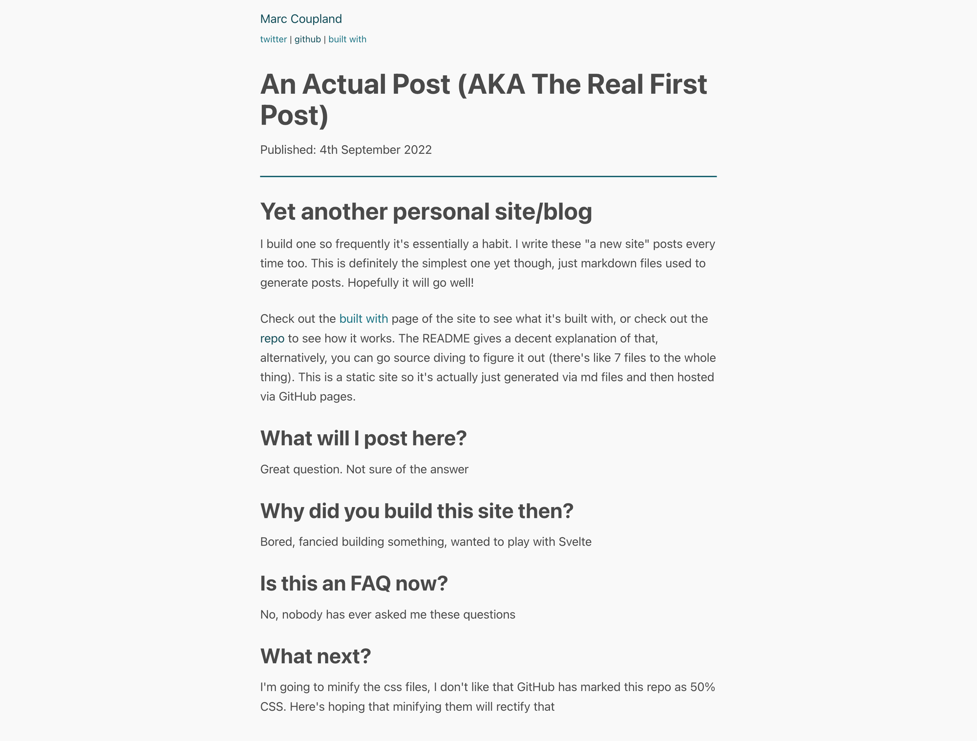 Screenshot of post "An Actual Post (AKA The Real First Post)" on the original version of the site it was posted on
