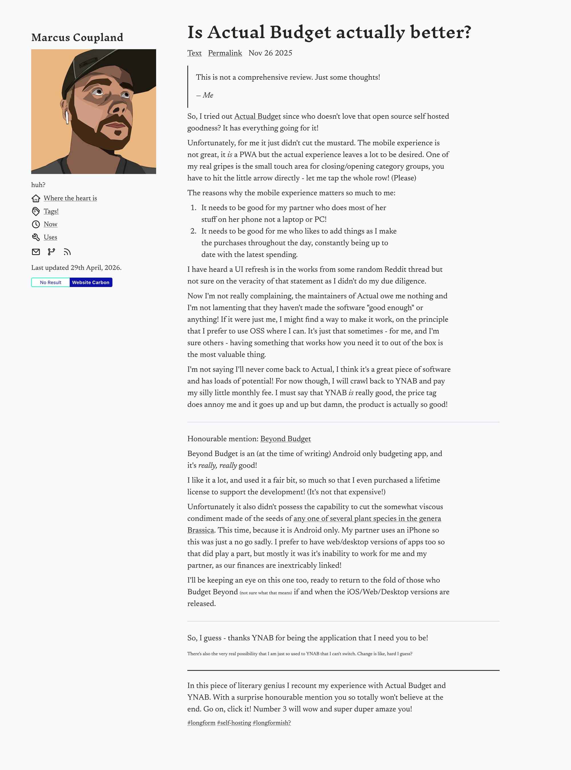 Screenshot of post "Is Actual Budget actually better" on the original version of the site it was posted on