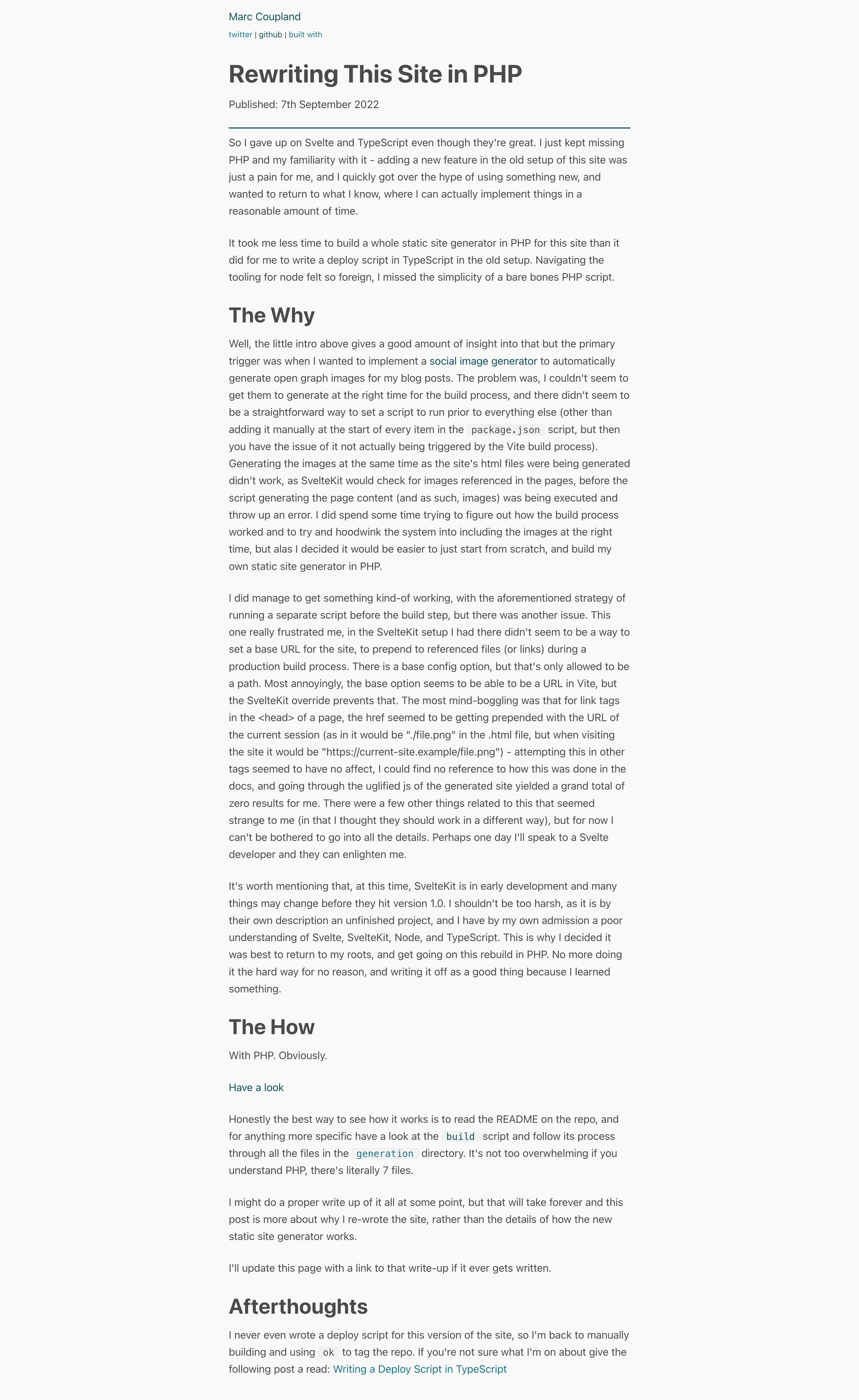 Screenshot of post "Rewriting This Site in PHP" on the original version of the site it was posted on