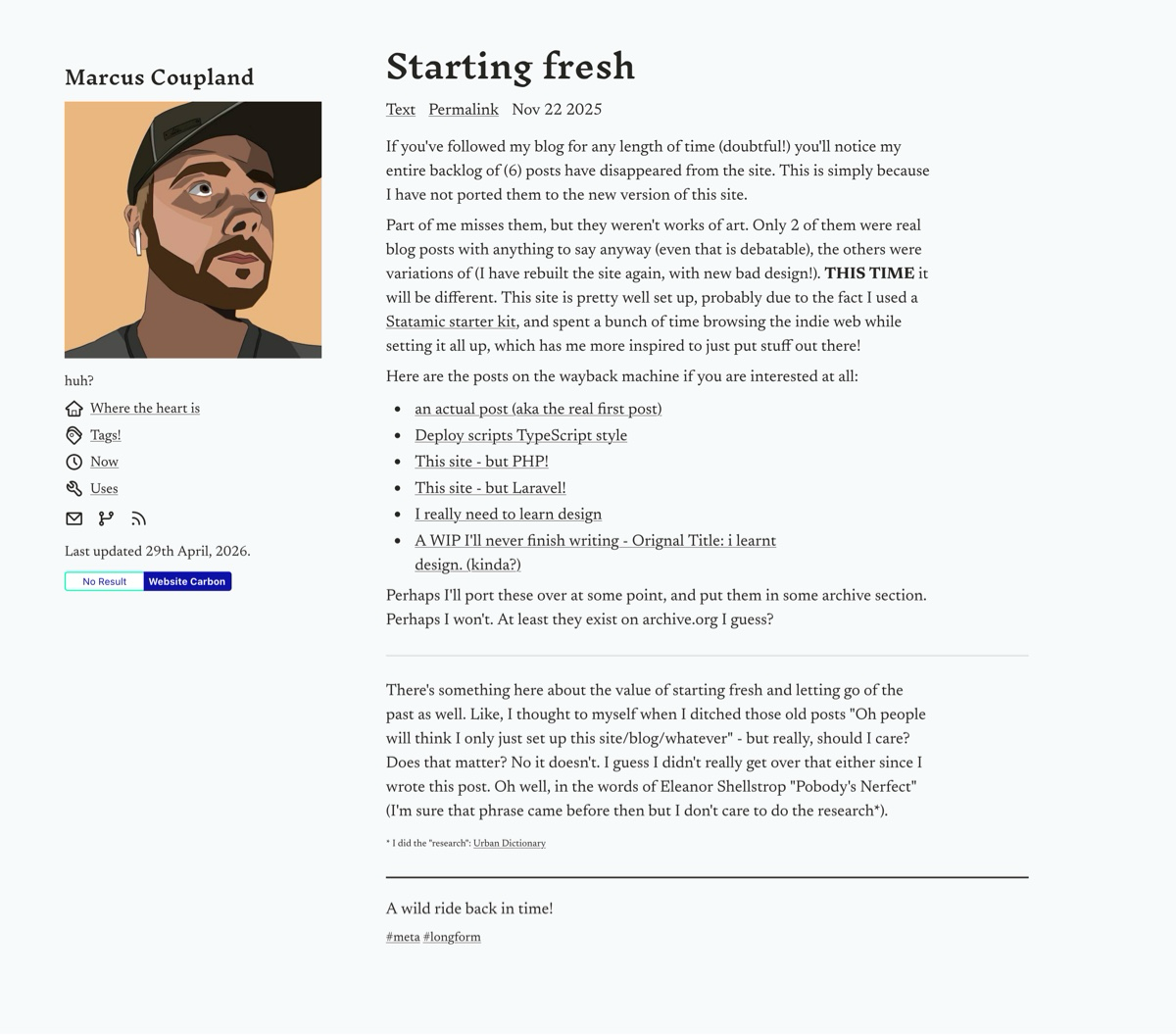 Screenshot of post "Starting fresh" on the original version of the site it was posted on