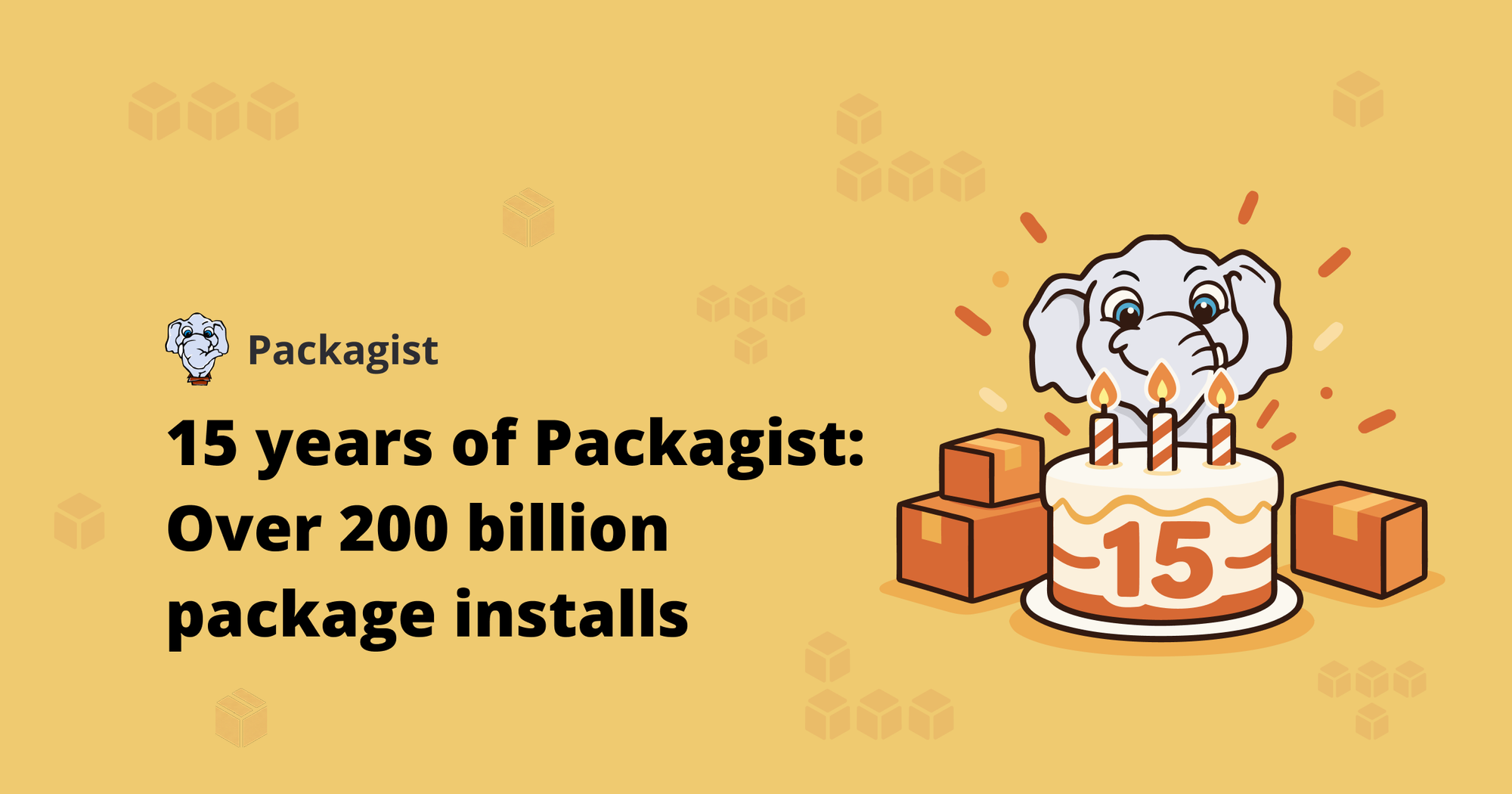 Packagist elephant logo, over headline "15 years of Packagist: Over 200 billion package installs" next to elephant beaming at cake with candles and "15" on the frosting surrounded by packages
