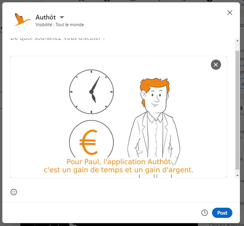 Post LinkedIn avec sous-titres incrustés à la vidéo