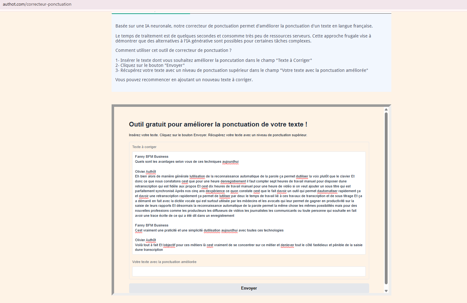 Capture d'écran d'un texte à corriger sur le correcteur de ponctuation Authôt