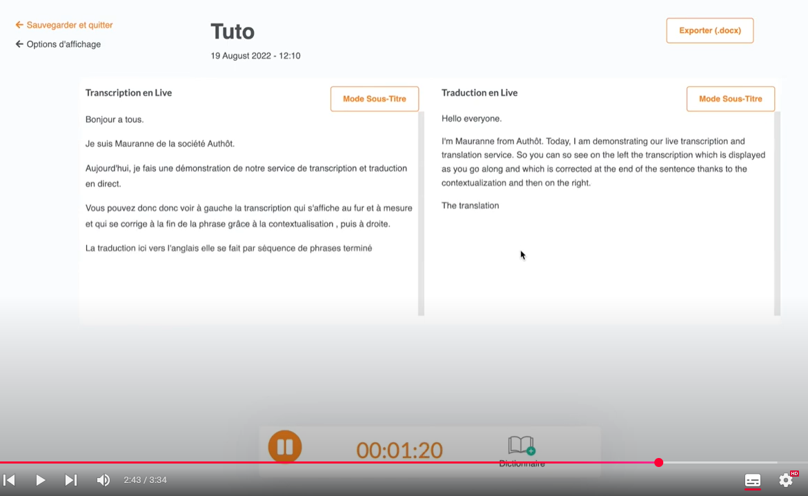 Capture d'écran d'une vidéo de démonstration de Traduction en direct sur Authôt Live