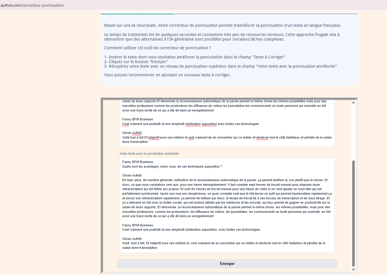 Capture d'écran du même texte corrigé par le correcteur de ponctuation Authôt