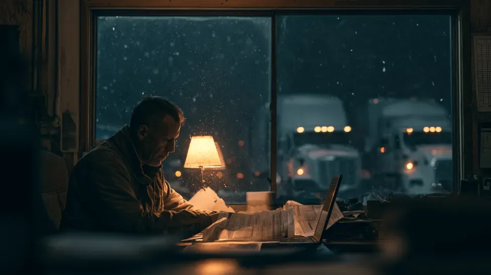 A small fleet operator reviews payroll paperwork at a desk at night, snow falling outside the window.