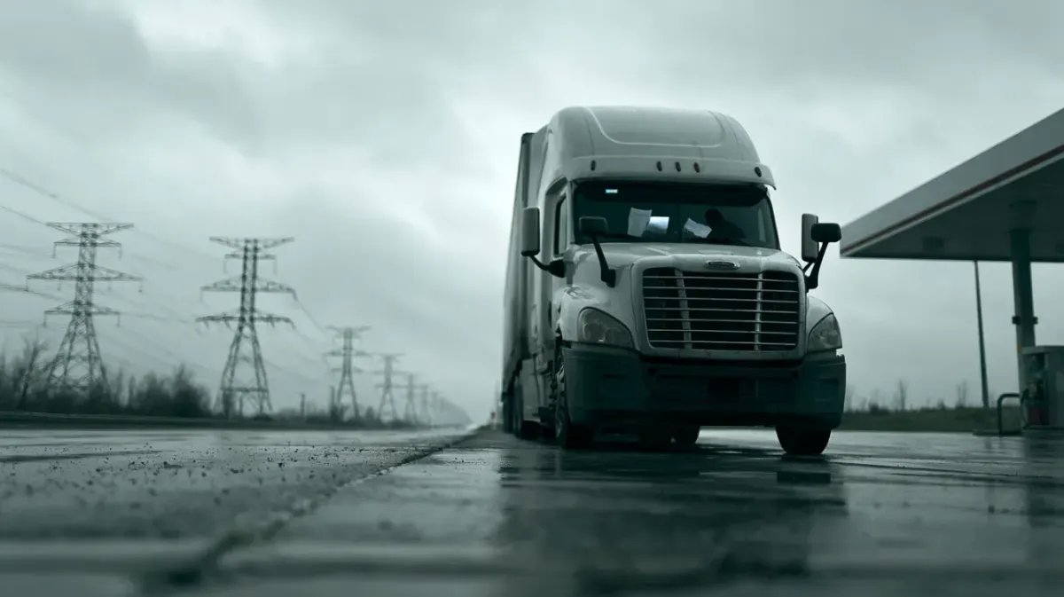 A white day-cab tractor-trailer at a fuel island on an overcast day, with power lines behind it.