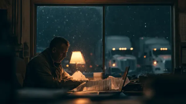 A small fleet operator reviews payroll paperwork at a desk at night, snow falling outside the window.